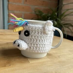 White Ceramic Coffee Mug with Multicolor Mane Unicorn. Crocheted Cozy.